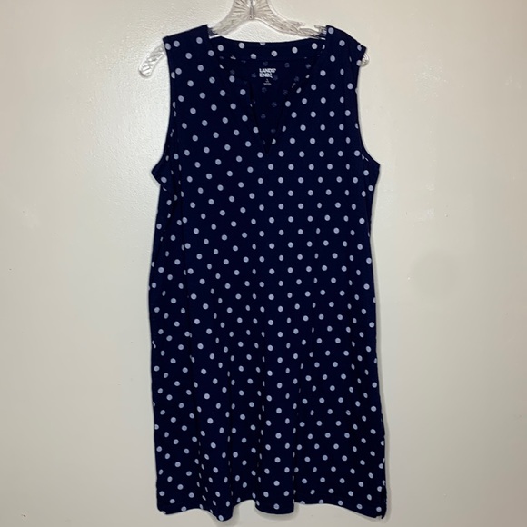 LANDS’ END Dress Blue & White Polka Dot Cotton Comfortable Casual Pull-On Large - Picture 1 of 10